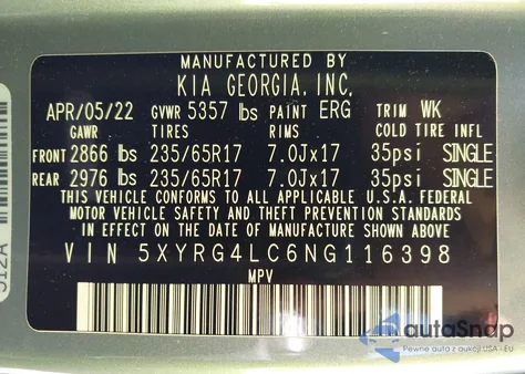 2022 Kia Sorento Lx z USA, uszkodzony, nr VIN 5XYRG4LC6NG116398